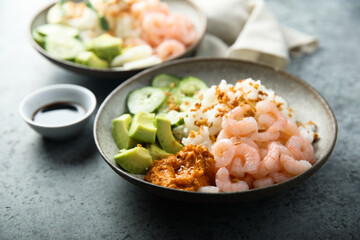 Homemade poke bowl with shrimps