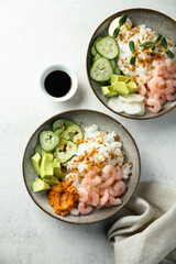 Homemade poke bowl with shrimps