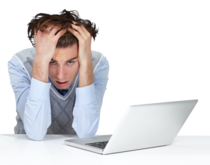 Stress, headache and portrait of man with laptop on isolated, transparent or png background. Anxiety, face and mistake by male employee in crisis, migraine or frustrated by online, glitch and 404