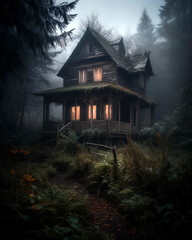 Fototapeta na wymiar Tiny old creepy witch house deep in a dark and foggy forest.