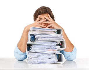 Accounting, portrait and man with stack of folders isolated on transparent png background. Burnout,...