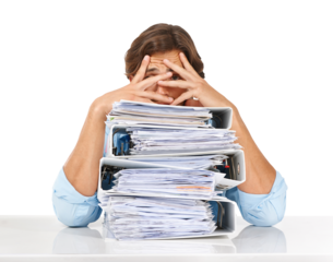Accounting, portrait and man with stack of folders isolated on transparent png background. Burnout, pile of documents and accountant or sad business person, depressed or fatigue, overwork or stress.