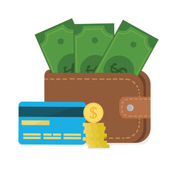 Wallet with money dollars and credit card with coins illustration - obrazy, fototapety, plakaty