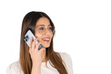 Woman talking on the phone, close up young businesswoman talking on the phone. Using modern smartphone, smiling looking into distance. Happy facial expression. Transparent, png, copy space.