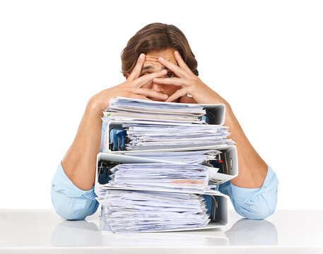 Accounting, Portrait And Man With Stack Of Folders Isolated On Transparent Png Background. Burnout, Pile Of Documents And Accountant Or Sad Business Person, Depressed Or Fatigue, Overwork Or Stress.