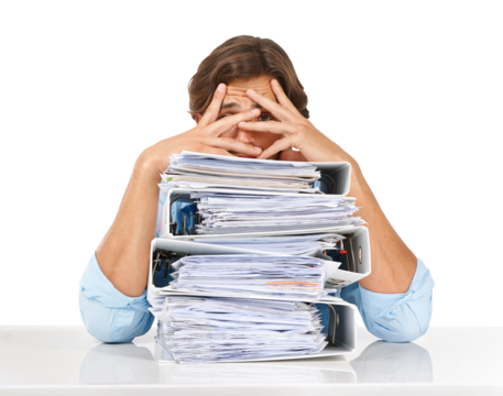 Accounting, portrait and man with stack of folders isolated on transparent png background. Burnout, pile of documents and accountant or sad business person, depressed or fatigue, overwork or stress.