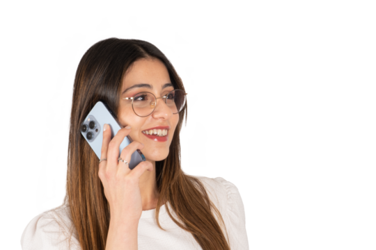 Woman talking on the phone, close up young businesswoman talking on the phone. Using modern smartphone, smiling looking into distance. Happy facial expression. Transparent, png, copy space.