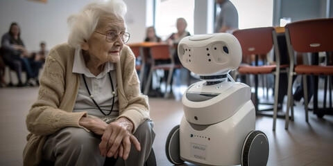 Taking care of the elderly, an elderly woman with a robot. Generative AI. - obrazy, fototapety, plakaty