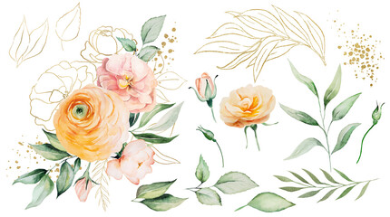 Bouquet with orange and yellow watercolor flowers and green leaves, single elements, illustration