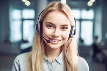 Portrait of happy smiling female customer support phone operator at workplace. Hotline operator. Contact us form image.