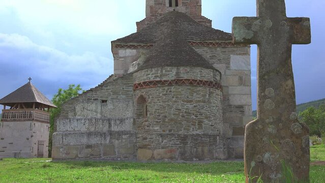 Detail of the ancient Densus stone church in Romania