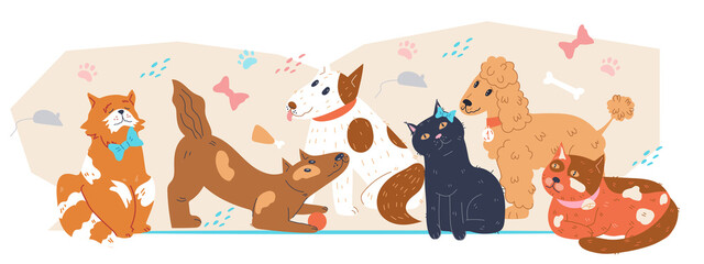Cute funny cats and dogs at decorative backdrop for veterinary clinic or pet shop banner. Domestic pets care concept.