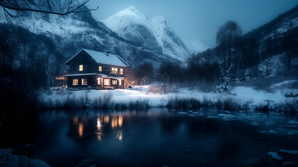 Fototapeta premium Severe snowy winter landscape with a frozen lake surrounded by huge mountains, a modern large house with light in the windows.
