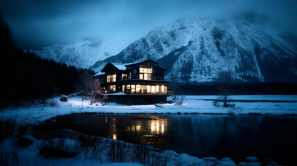 Severe snowy winter landscape with a frozen lake surrounded by huge mountains, a modern large house with light in the windows.