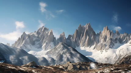 A stunning landscape shot of a rocky mountain range against a deep blue sky.