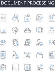 Document processing line icons collection. Report analysis, File management, Data manipulation, Record keeping, Paperwork handling, Document control, Information processing vector and linear