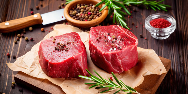 Raw beef filet Mignon steak on a wooden Board with pepper and salt, black Angus marbled meat.