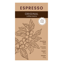 ESPRESSO PACK Original Design Of Label Of Coffee Beans Packaging Template With Hand Drawn Branch Coffee Tree On Light Brown Background Vector Illustration