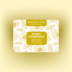 HONEY CHAMOMILE SOAP Modern Packaging Design Fragrant Organic Honey Soap Made From Yellow Chamomile Flowers On White Background Vector Sketch For Printable