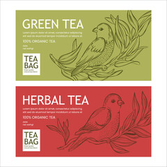 GREEN AND HERBAL TEA In Vintage Style Contemporary Design Of Packaging With Birds On Branch On Red And Green Background Printable Vector For Modern Typography