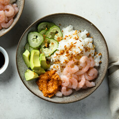 Homemade poke bowl with shrimps