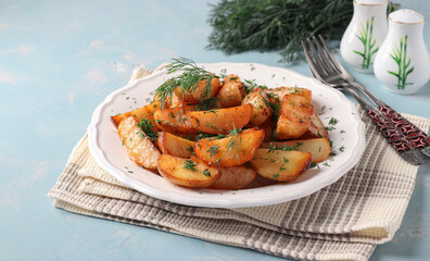 Baked potatoes with paprika sprinkled with dill in white plate on light blue background