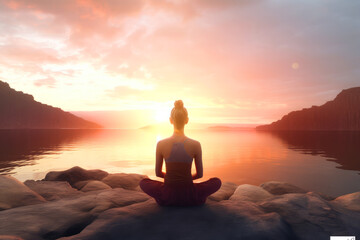 woman meditating on sunset background,, van life concept. ai generative