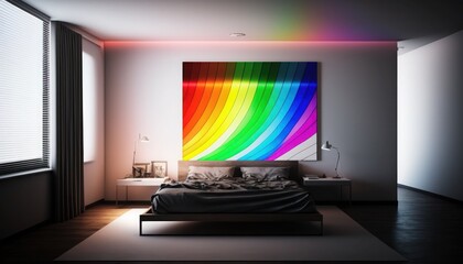 Bedroom interior with LGBTQ colors, generative ai