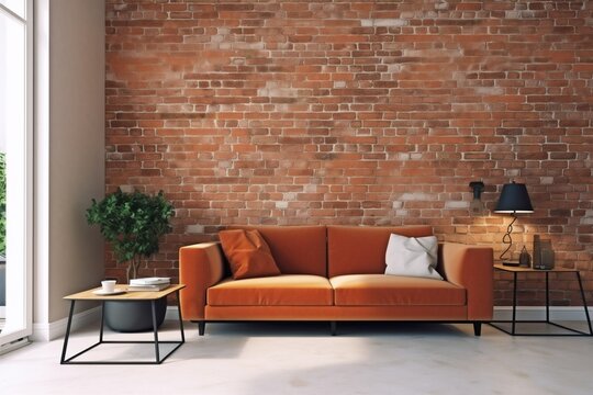 interior couch brick decor decoration lounge white room orange comfortable. Generative AI.