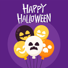 Happy Halloween. Holiday concept with holiday colorful balloons, falling orange leaves for banner, poster, party invitation. vector cartoon illustration.