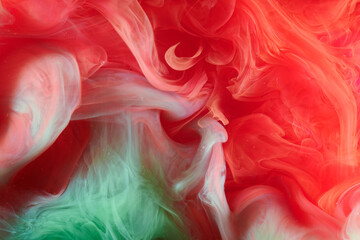 Green red contrast liquid art background. Paint ink explosion, abstract clouds of smoke mock-up, watercolor underwater