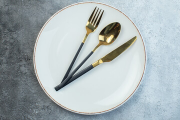 Elegant cutlery set on empty white soup plate on half dark light gray background with distressed...