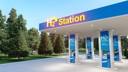 Hydrogen fuel car charging station white color visual concept design.  Power chargering station. 3d Rendering. H2o Station.
