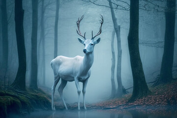 Generative Ai of an albino deer in a misty forest. 