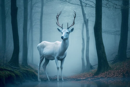Generative Ai of an albino deer in a misty forest. 