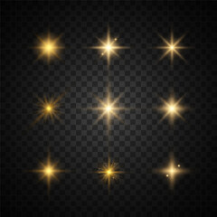 Vector glowing light effects set. Stars explode with glitter elements for any image. Glare set. Flashes of rays of light. The effect of glow, radiance, shine. Glowing golden sparks, yellow stars.