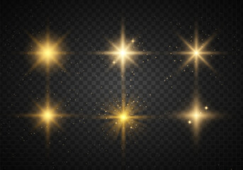 Shining star, particles of the sun and sparks with highlight effect. Golden light flare firecracker effect with stars and glitter. Color bokeh lights glitter and sparkles. Vector illustration.