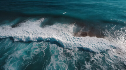 Naklejka premium A stunning aerial shot of a deep blue ocean with waves crashing against the shore.