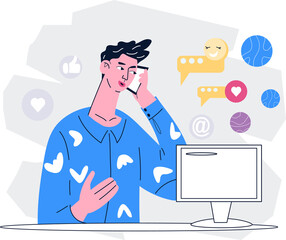 Man at laptop talking on the phone, businessman discussing work process on social network, online conference.