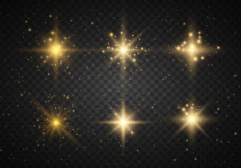 Shining star, particles of the sun and sparks with highlight effect. Golden light flare firecracker effect with stars and glitter. Color bokeh lights glitter and sparkles. Vector illustration.