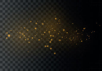 Golden dust light png. Christmas light bokeh confetti and sparkle. The dust sparks and golden stars shine with special light. Glittering stardust background. Glowing glitter of smoke, splashes vector.