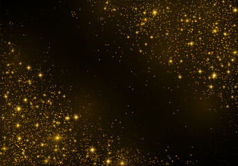 Yellow scattered dust. Golden dust light png. Magic mist glows. Bokeh lights effect. Set of glitter texture on black background. Gold stardust. Sparkles rain. Christmas glowing confetti vector.