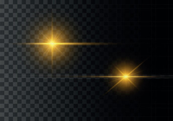 Line, star shiny golden light effect on transparent background. Effects glare, lines, glitter, golden explosion. Light sun gold png. Abstract glare and blinks. Yellow soft neon lines and lights vector
