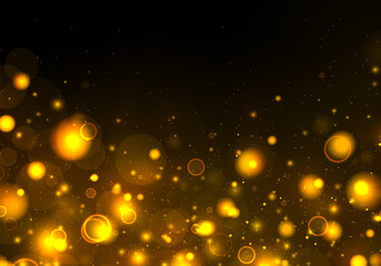 Glitter and elegant for Christmas. Dust yellow. Sparkling magical particles. Bokeh effect golden light background. Vector yellow sparkling light explosion backdrop. Shiny volume star dust golden light