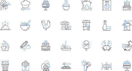 Victuals line icons collection. Cuisine, Food, Meal, Nourishment, Edibles, Snacks, Delicacy vector and linear illustration. Dish,Diet,Gourmet outline signs set