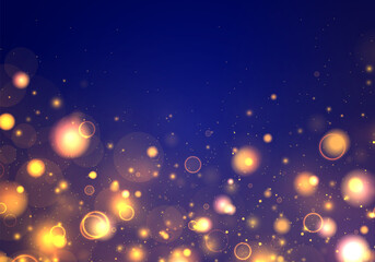 Glowing yellow bokeh circles, sparkling golden dust. Abstract glitter defocused blinking stars and sparks. Blurred light bokeh on dark blue background. Vector sparkles.