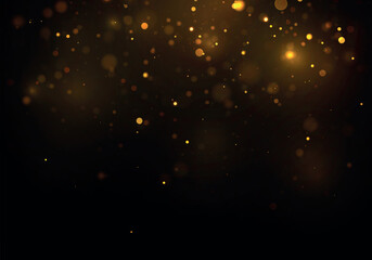Christmas glowing gold bokeh confetti and sparkle texture overlay for your design. Glowing yellow bokeh circles. Sparkling gold dust abstract golden luxury decoration background. Sparks golden stars.