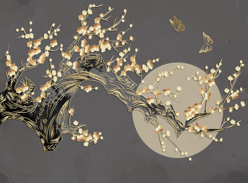 Fototapeta 3d Illustration , dark background with embossed golden tree and flowers 