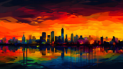 Fototapeta na wymiar A colorful and vibrant abstract shot of a sunset over a city skyline.