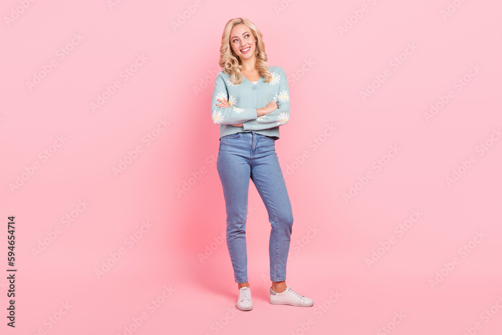 Poster Full length photo of funny dreamy lady dressed flower print cardigan arms crossed looking empty space isolated pink color background